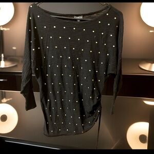 Express Knitted Ruched Side W/Drawstring Raglan Sleeve Round Neck Gold Studs Top